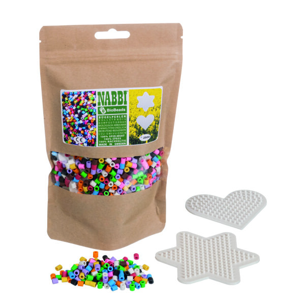 NABBI® BioBeads, biologisch abbaubar, 10 Farben Mix, 2.500 Stk. / 2 Legeplatten