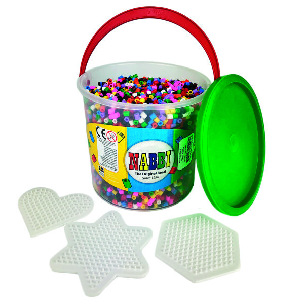 NABBI® Bügelperlen Set, im Henkeleimer, Standard Mix, 8.000 Stk. incl.3 Steckplatten