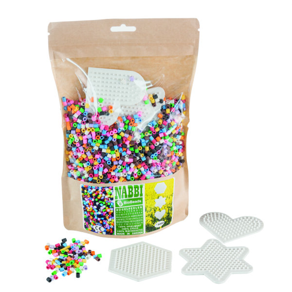 NABBI® BioBeads, biologisch abbaubar, 10 Farben Mix, 5.000 Stk. / 3 Legeplatten, Btl