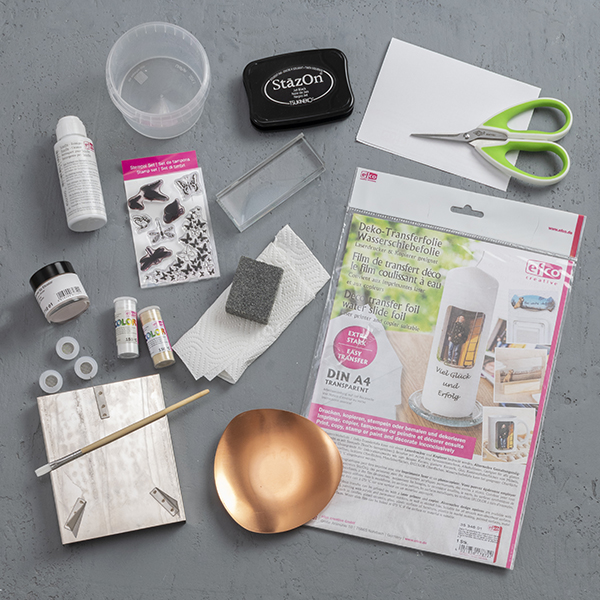 Material und Ergebnis: Kerzenteller mit Efcolor & Wasserschiebefolie